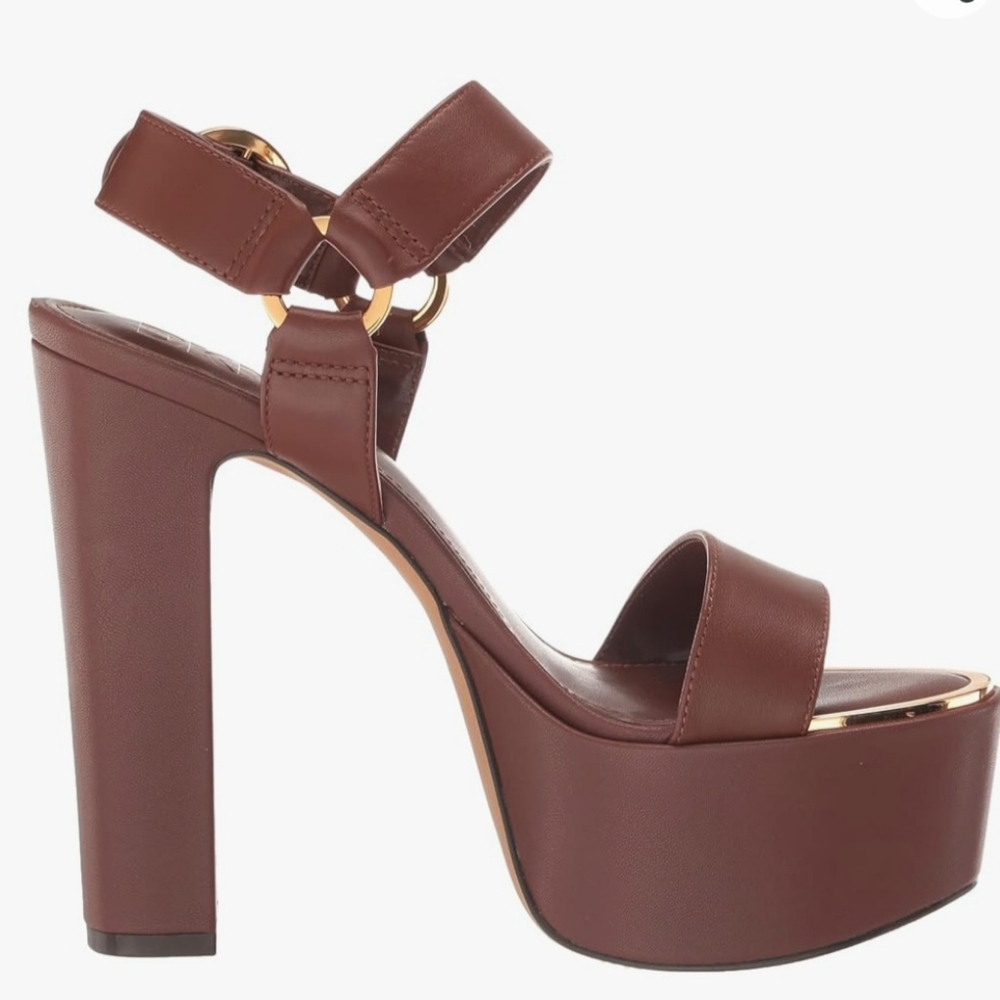 Shila DKNY Brown High Heel Platform Strappy Sandals Shoes Gold Hardware 8 1/2 9
